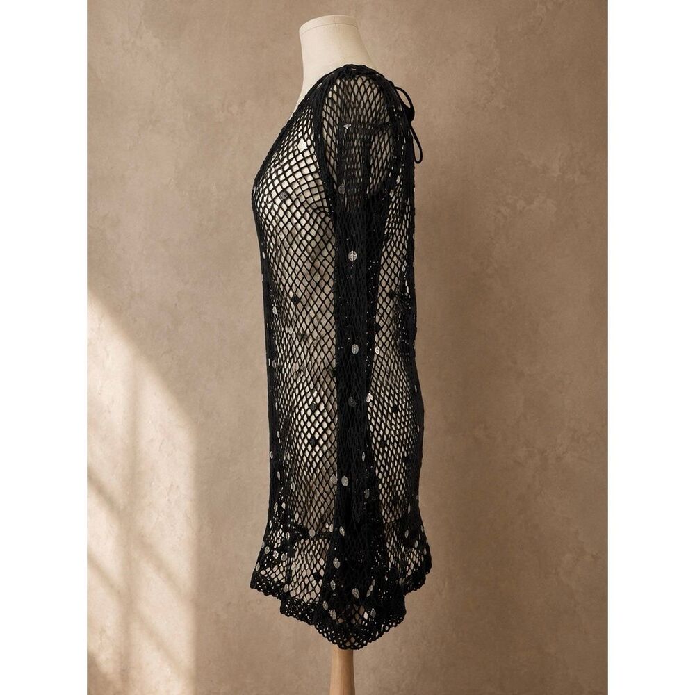 Celandine Black Sequin Fishnet Mini Dress Cover-Up Size M NWT Anthropologie - Picture 3 of 11